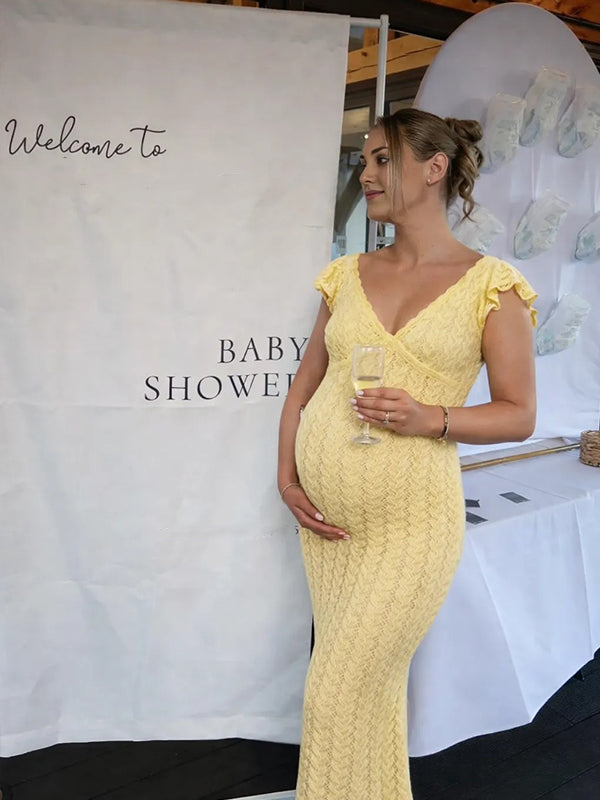 Mumsmode Gebreide Zwangerschaps Maxi Jurk Ruches Opengewerkt Aansluitend Babyshower