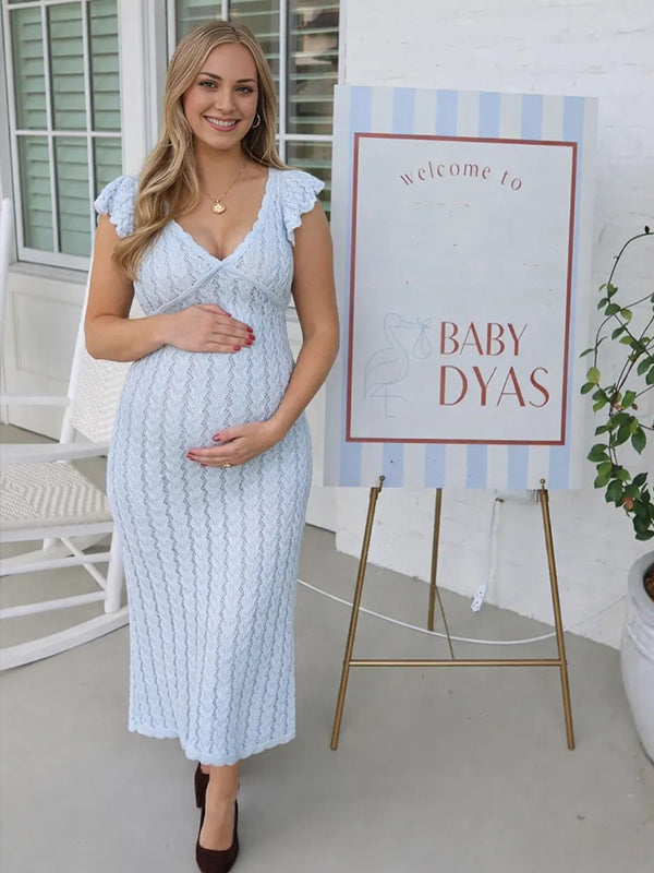 Mumsmode Gebreide Zwangerschaps Maxi Jurk Ruches Opengewerkt Aansluitend Babyshower