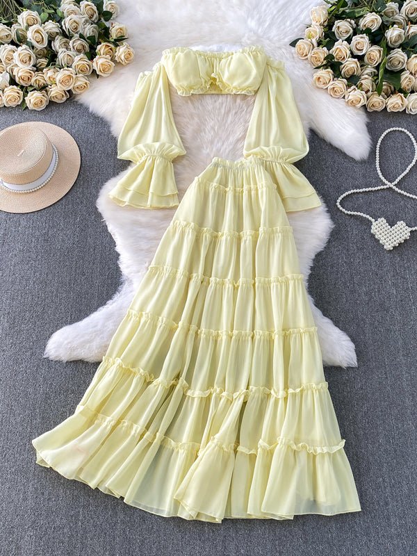Gele Zwangerschaps Maxi Jurk Off-Shoulder Ruches Crop Top Tweedelige Set Zwierige Rok