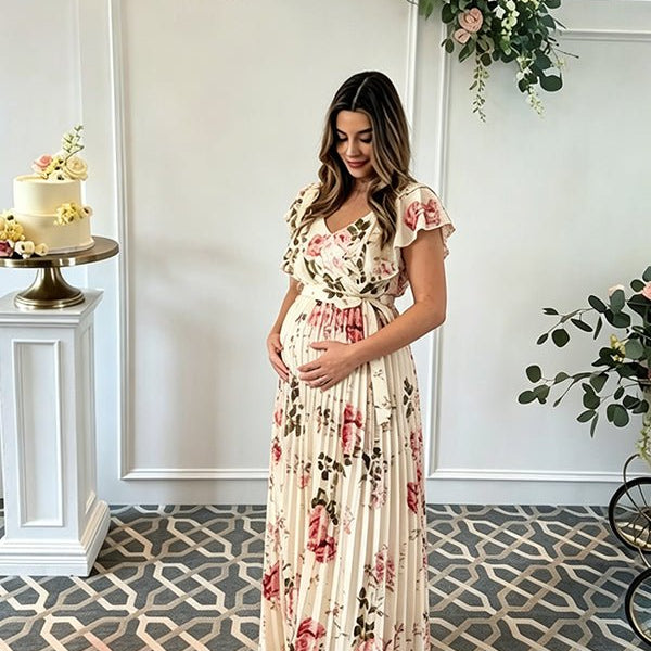 Bloemenprint zwangerschaps maxi jurk met V-hals, geplooide rok en hoge taille voor babyshower.