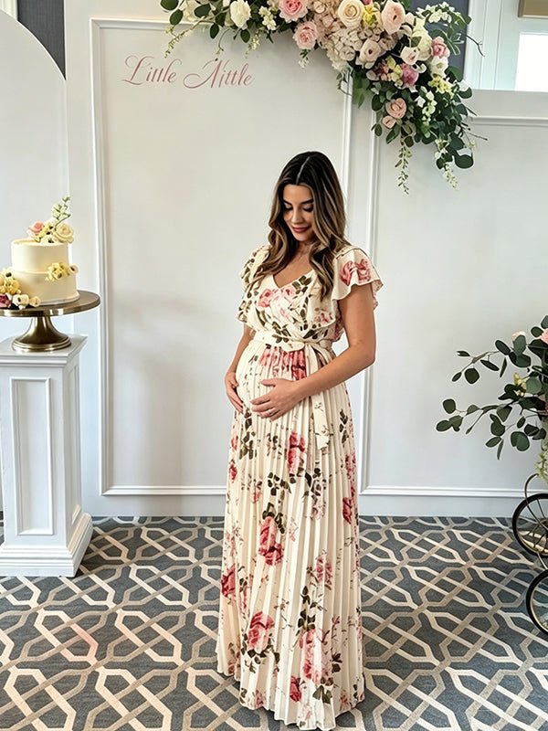 Bloemenprint zwangerschaps maxi jurk met V-hals, geplooide rok en hoge taille voor babyshower.