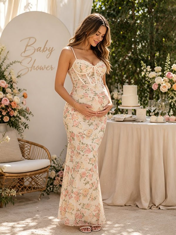 Chique Bloemenprint Zwangerschaps Maxi Jurk Bodycon Rugloos Spaghettibandjes