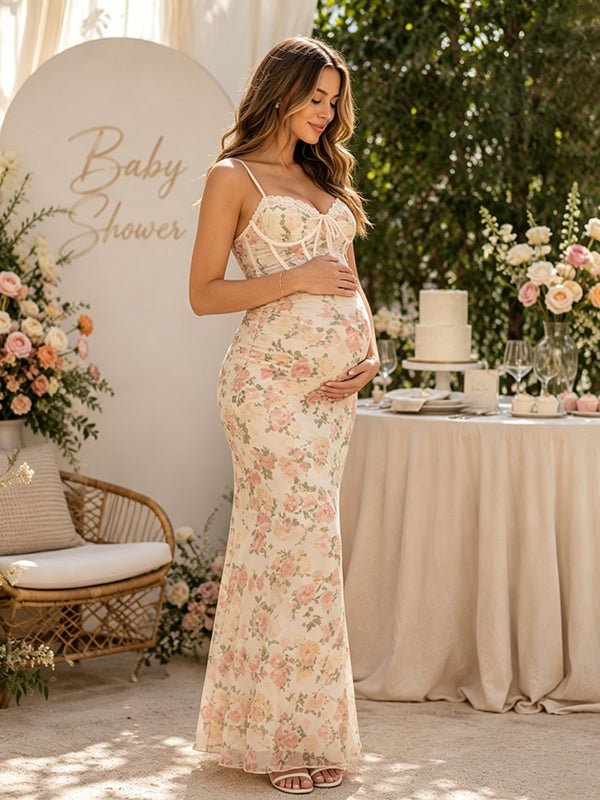 Chique Bloemenprint Zwangerschaps Maxi Jurk Bodycon Rugloos Spaghettibandjes