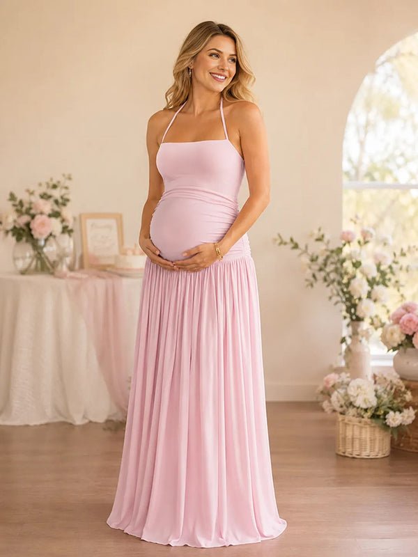 Chique Zwangerschaps Maxi Jurk Halternek Backless Rugloos Vetersluiting