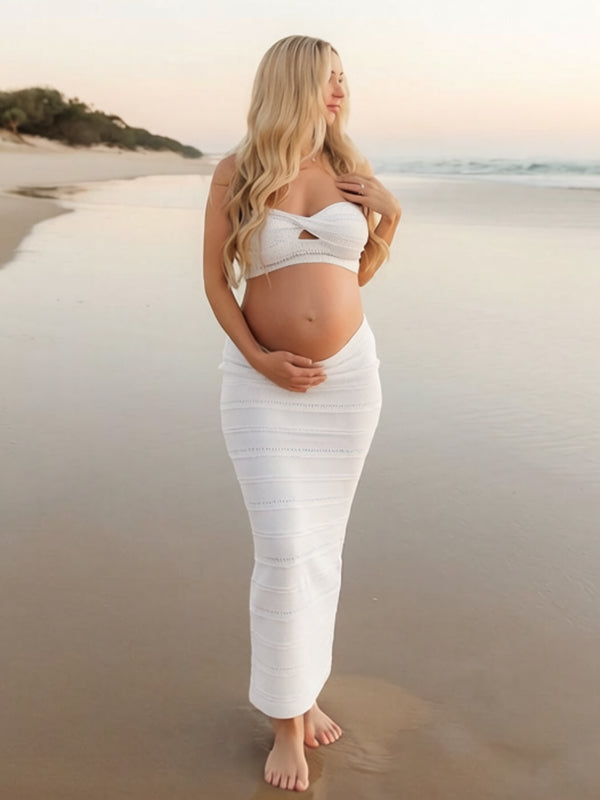 Witte Gehaakte Zwangerschaps Tweedelige Set Maxi Jurk Boho Opengewerkt Bandeau