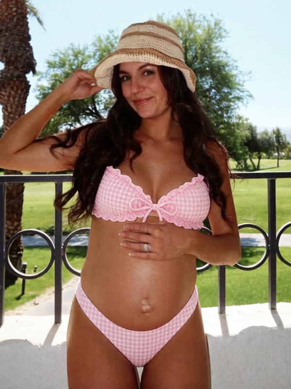 Roze Geruite Zwangerschaps Bikini Set Strik Ruches Spaghettibandjes Rugloos 2-in-1