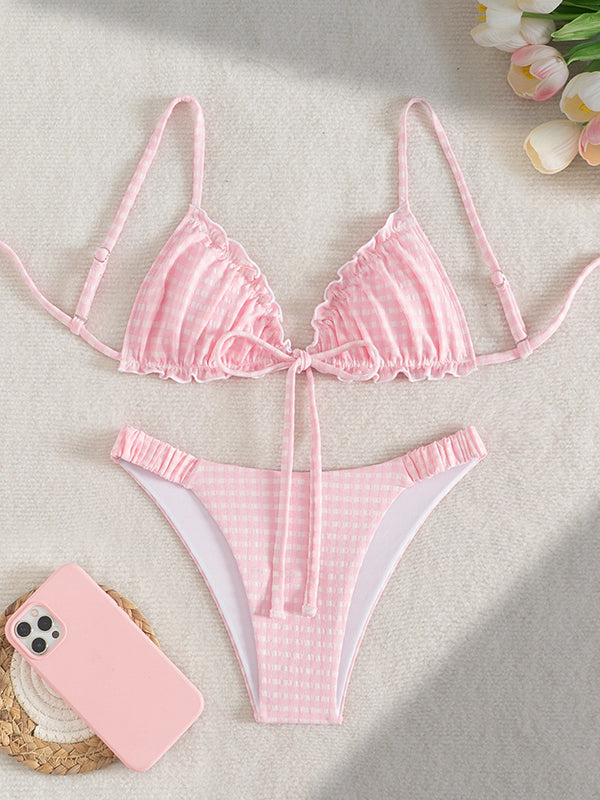 Roze Geruite Zwangerschaps Bikini Set Strik Ruches Spaghettibandjes Rugloos 2-in-1
