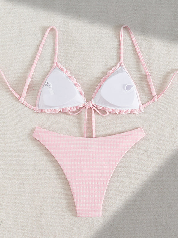 Roze Geruite Zwangerschaps Bikini Set Strik Ruches Spaghettibandjes Rugloos 2-in-1