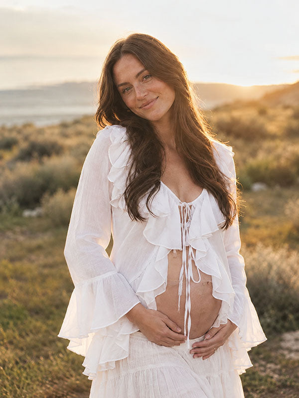 Boho Zwangerschaps Set Vetersluiting Crop Top & Midi A-Lijn Rok
