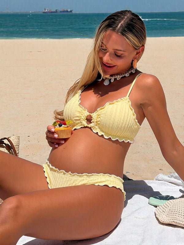 Chique Gestreepte Ruches Cut-Out Spaghettibandjes Zwangerschaps Bikini