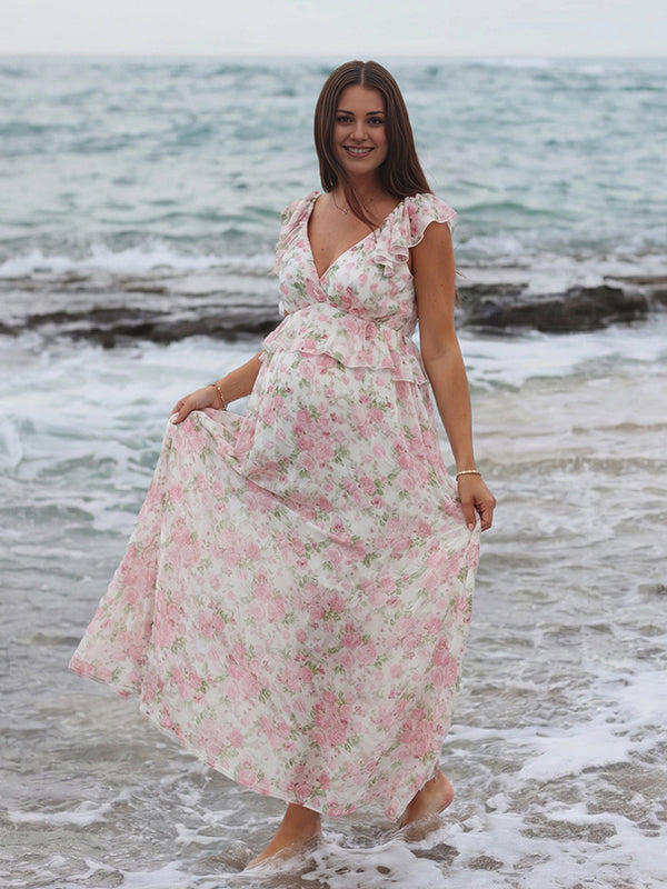Boho Zwangerschaps Maxi Jurk Bloemenprint Ruches Rugloos Zwierige Rok