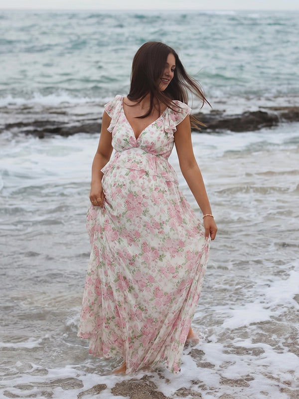 Boho Zwangerschaps Maxi Jurk Bloemenprint Ruches Rugloos Zwierige Rok