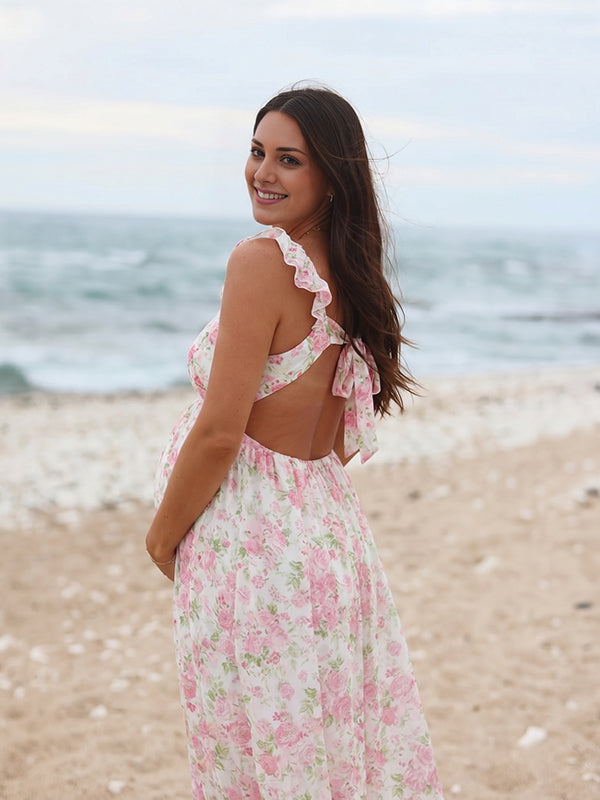 Boho Zwangerschaps Maxi Jurk Bloemenprint Ruches Rugloos Zwierige Rok