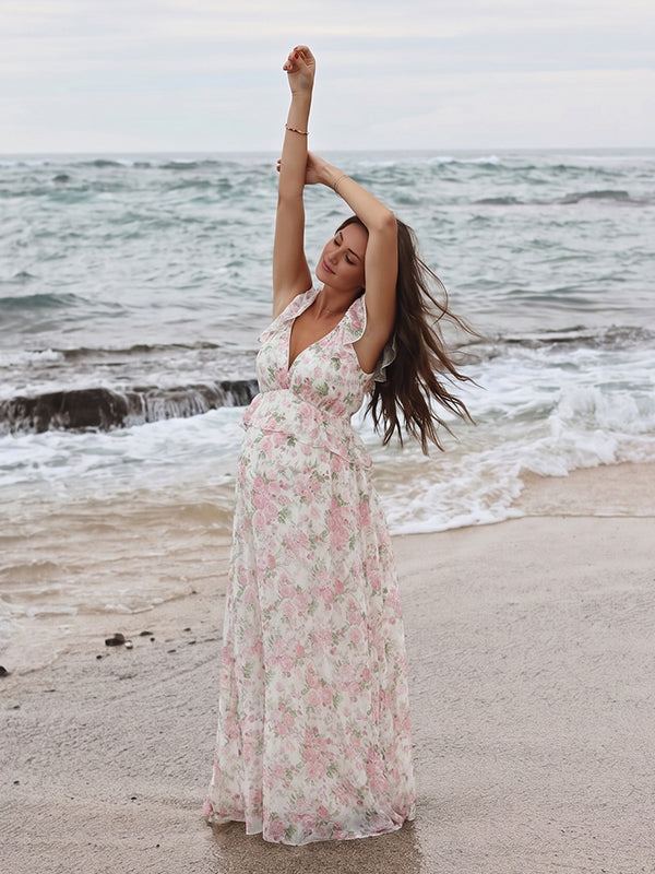 Boho Zwangerschaps Maxi Jurk Bloemenprint Ruches Rugloos Zwierige Rok