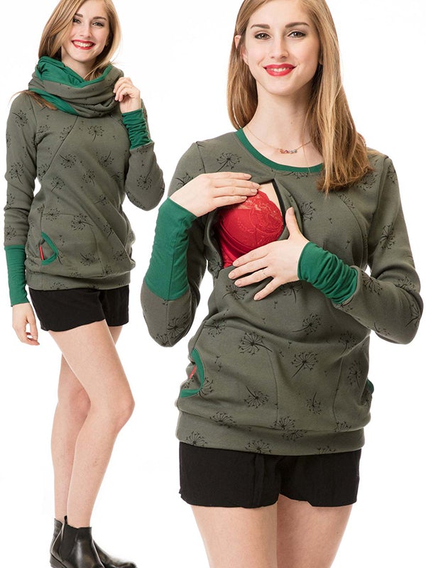 Mumsmode Zwangerchaps Verpleegkundige Sweatshirts Bloemenprint Zakken Rits Voedingskleding Herfst Winter