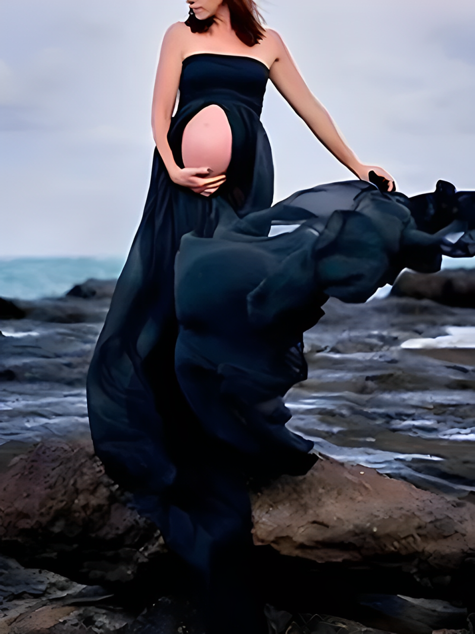 Mumsmode Eenkleurig Bandeau Gedrapeerd Spleet Voor Fotoshoot Zwangerschaps Maxi Jurk Elegant