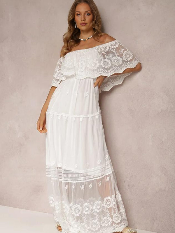 Mumsmode Elegant Chique Vakantie Kanten Off Shoulder Ruches Vloeibaarheid Maxi Jurk