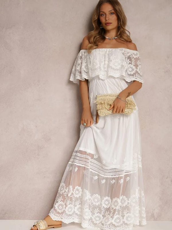 Mumsmode Elegant Chique Vakantie Kanten Off Shoulder Ruches Vloeibaarheid Maxi Jurk