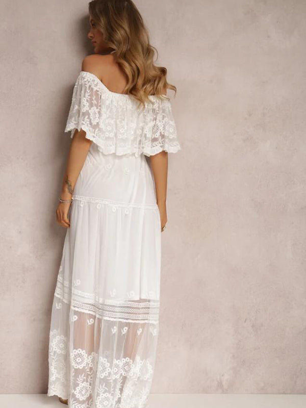 Mumsmode Elegant Chique Vakantie Kanten Off Shoulder Ruches Vloeibaarheid Maxi Jurk