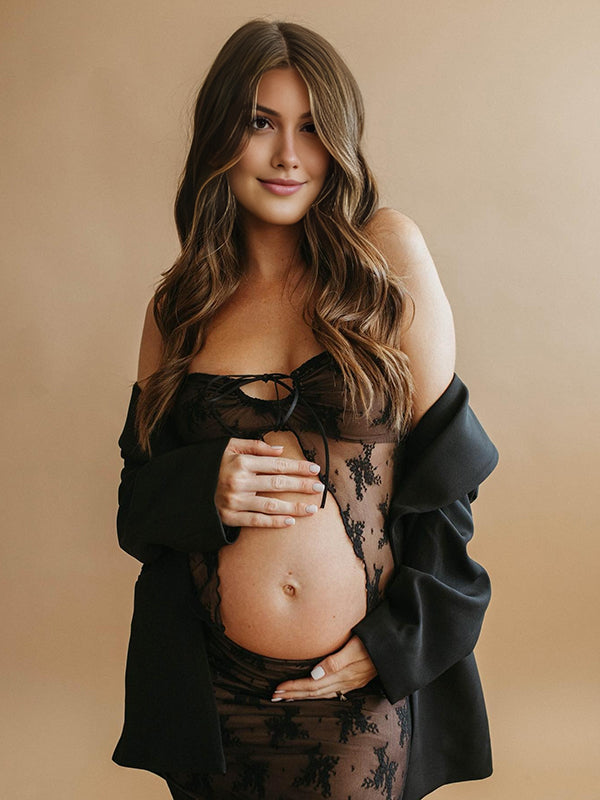 Mumsmode Zwangerchaps Maxi Fotoshoot Jurk Elegant 2-in-1 Kanten Ruches Bandeau