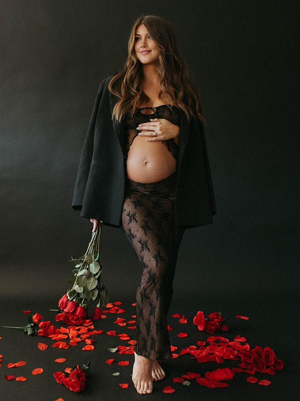 Mumsmode Zwangerchaps Maxi Fotoshoot Jurk Elegant 2-in-1 Kanten Ruches Bandeau