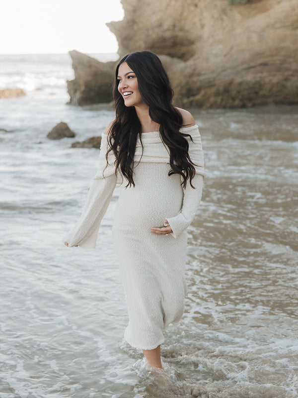 Mumsmode Zwangerschaps Maxi Fotoshoot Jurk Chique Vakantie Gebreide Off Shoulder