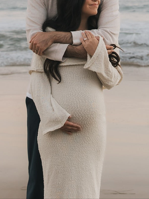 Mumsmode Zwangerschaps Maxi Fotoshoot Jurk Chique Vakantie Gebreide Off Shoulder