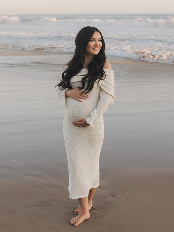 Mumsmode Zwangerschaps Maxi Fotoshoot Jurk Chique Vakantie Gebreide Off Shoulder