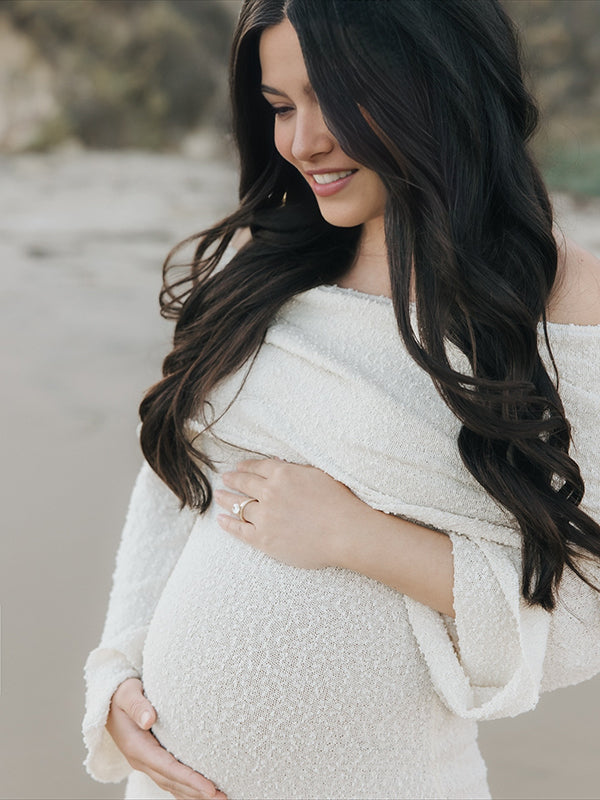 Mumsmode Zwangerschaps Maxi Fotoshoot Jurk Chique Vakantie Gebreide Off Shoulder