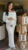 Mumsmode Maxi Babyshower Zwangerschapsjurk Wit Off Shoulder Gebreid Bodycon Fotoshootjurk Chique Vakantie