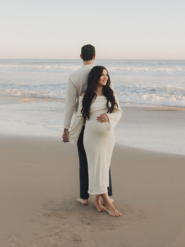 Mumsmode Zwangerschaps Maxi Fotoshoot Jurk Chique Vakantie Gebreide Off Shoulder