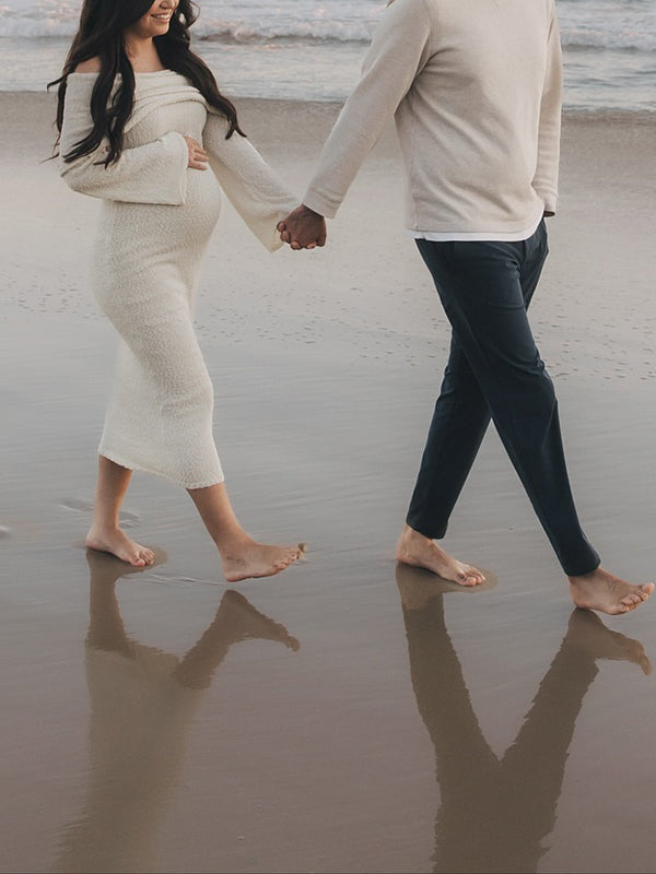 Mumsmode Zwangerschaps Maxi Fotoshoot Jurk Chique Vakantie Gebreide Off Shoulder