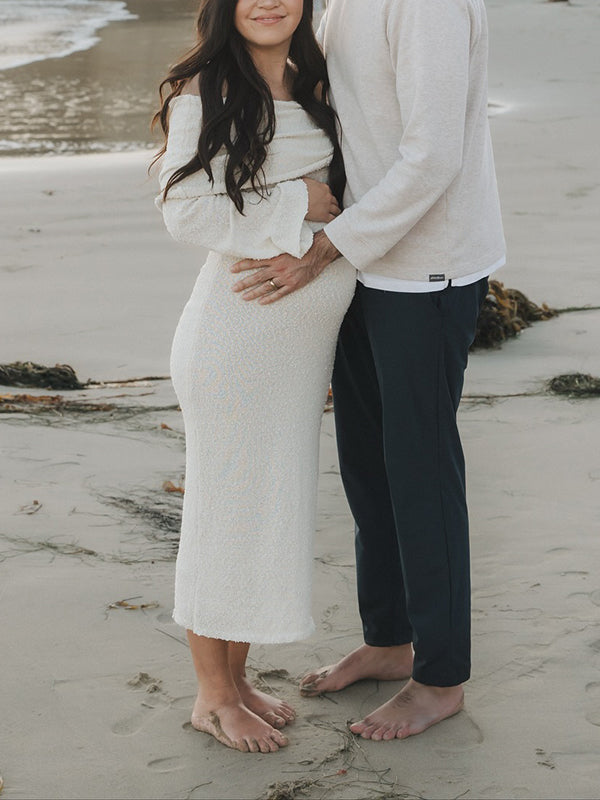 Mumsmode Zwangerschaps Maxi Fotoshoot Jurk Chique Vakantie Gebreide Off Shoulder