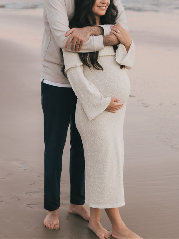 Mumsmode Zwangerschaps Maxi Fotoshoot Jurk Chique Vakantie Gebreide Off Shoulder