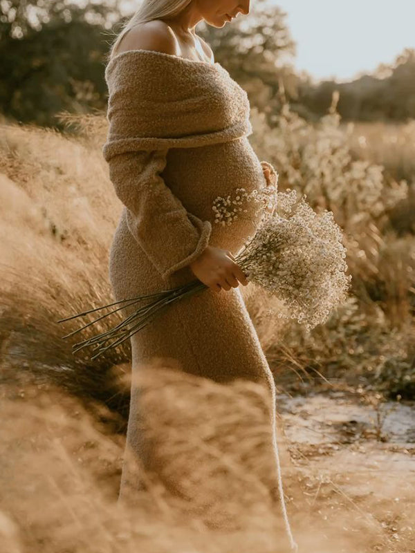 Mumsmode Zwangerchap Bodycon Jurken Elegant Fotoshoot Vakantie Knit harig Gekreukt Maxi Jurken