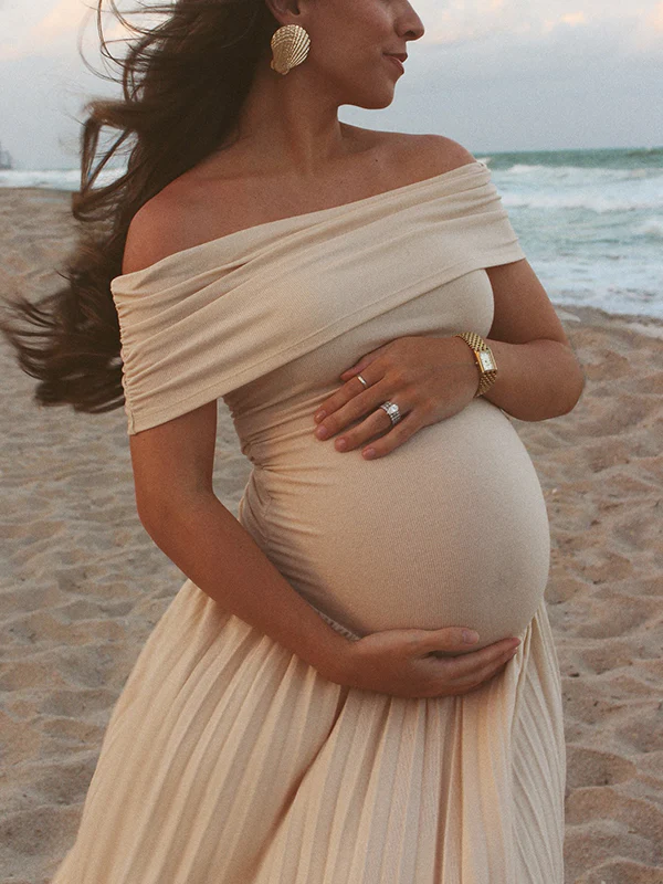 Mumsmode Zwangerschaps Maxi Bodycon Jurk Chique Abrikoos Off Shoulder Babyshower Fotoshoot