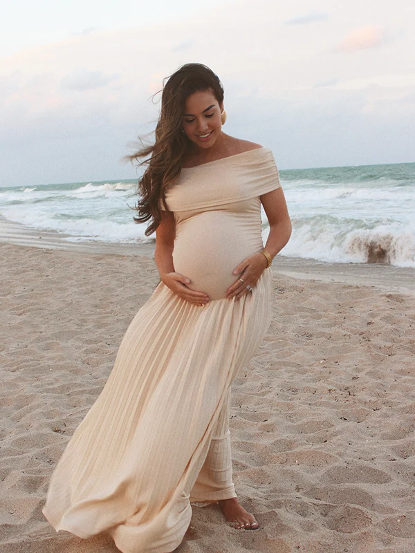 Mumsmode Zwangerschaps Maxi Bodycon Jurk Chique Abrikoos Off Shoulder Babyshower Fotoshoot