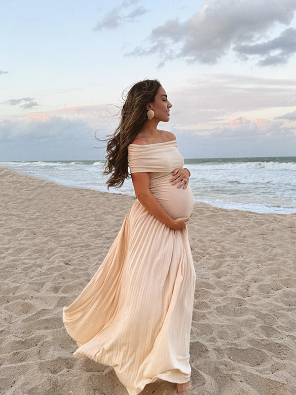Mumsmode Zwangerschaps Maxi Bodycon Jurk Chique Abrikoos Off Shoulder Babyshower Fotoshoot