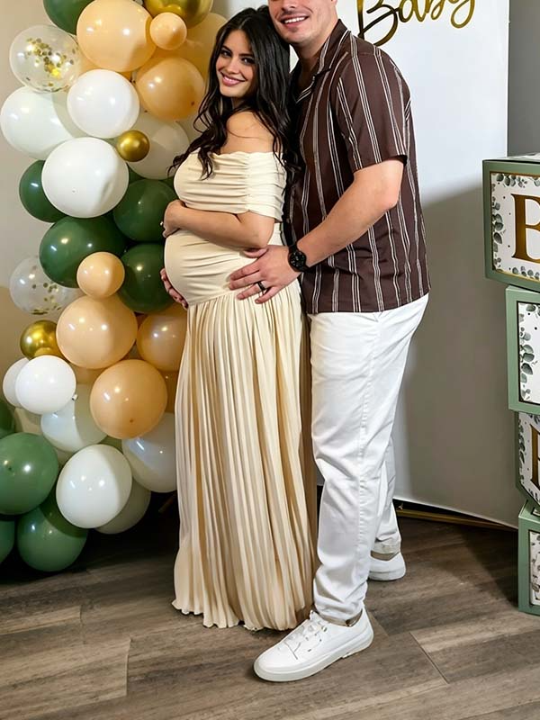 Mumsmode Zwangerchaps Maxi Babyshowerjurk Gender Reveal Off Shoulder Plooi Stijlvolle Abrikoos
