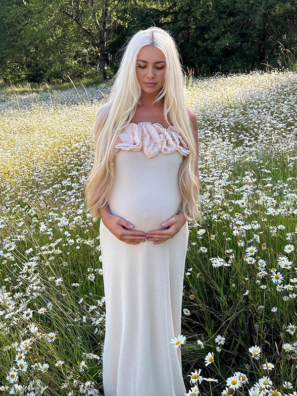 Mumsmode Zwangerchaps Maxi Bruilofts Jurk Elegant Appliques Boot Nek Abrikoos