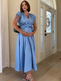 Mumsmode Zwangerchaps Daily Jurken Elegant Vakantie Appliques Koord Rugloos Gedrapeerd Maxi Jurken