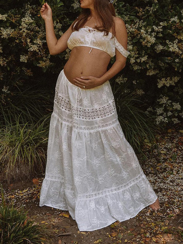 Mumsmode Zwangerchaps Fotoshoot Jurken Elegant Vakantie 2-in-1 Kanten Koord Borduursel Bloemenprint Maxi Jurken