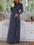 Mumsmode Zwangerchaps Maxi Elegantejurken Gestreept Ronde Hals Marineblauw