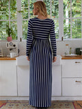 Mumsmode Zwangerchaps Maxi Elegantejurken Gestreept Ronde Hals Marineblauw