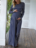 Mumsmode Zwangerchaps Maxi Elegantejurken Gestreept Ronde Hals Marineblauw