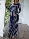 Mumsmode Zwangerchaps Maxi Elegantejurken Gestreept Ronde Hals Marineblauw