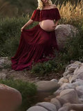 Mumsmode Zwangerchaps Maxi Fotoshoot Jurken Eenkleurig Ruches Off Shoulder Middenrif Gevlochten