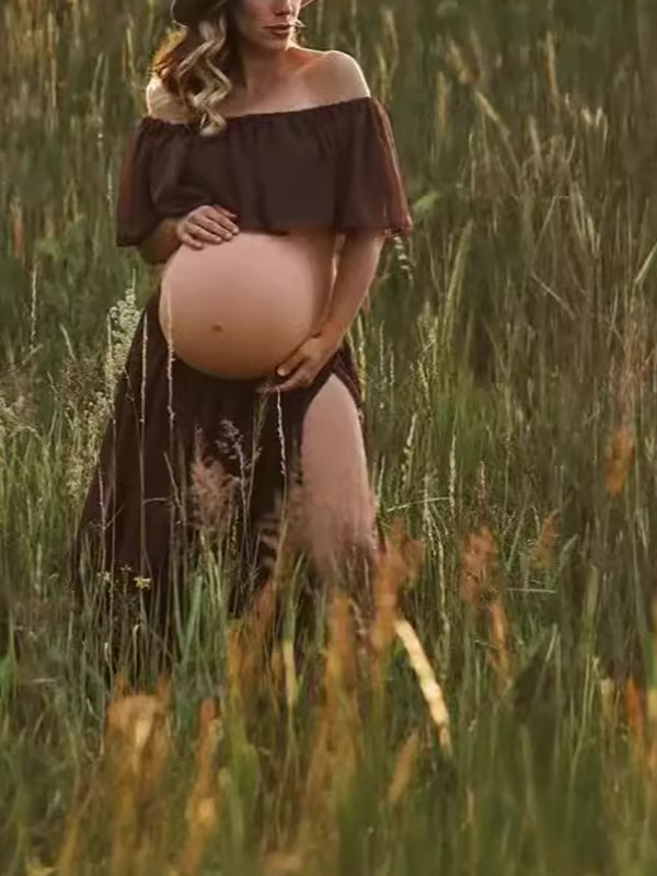 Mumsmode Zwangerchaps Maxi Fotoshoot Jurken Eenkleurig Ruches Off Shoulder Middenrif Gevlochten