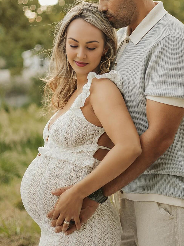 Mumsmode Zwangerchaps Maxi Fotoshoot Jurk Elegant Rugloos Breien V-hals Wit