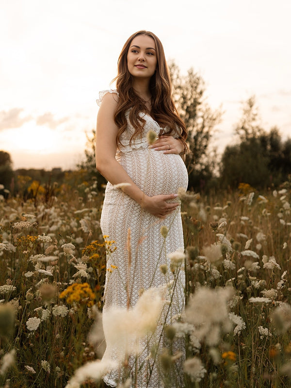 Mumsmode Zwangerchaps Maxi Fotoshoot Jurk Elegant Rugloos Breien V-hals Wit